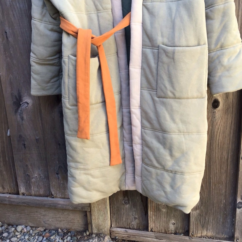 OFFHOURS Homecoat Quilted Robe Coat Sage Green Cream Orange Belt One Size - Picture 2 of 6